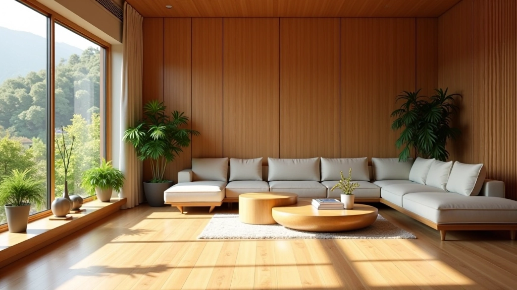 Bamboo flooring and wall panels in modern minimalist living room with natural light, light wood tones, and potted plants