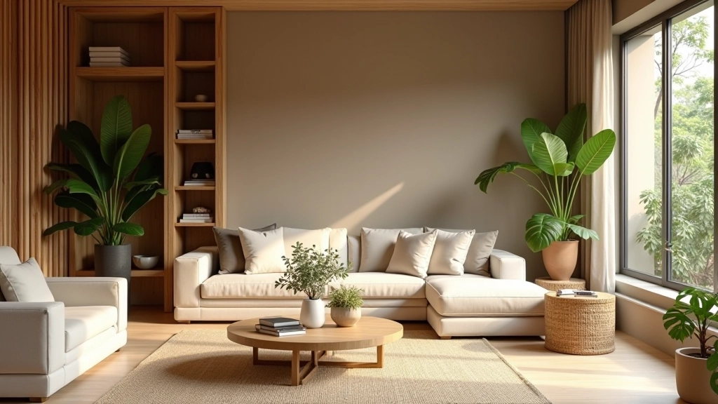 Modern living room interior with mixed sustainable materials including wood accents, natural textiles, and eco-friendly decor elements throughout
