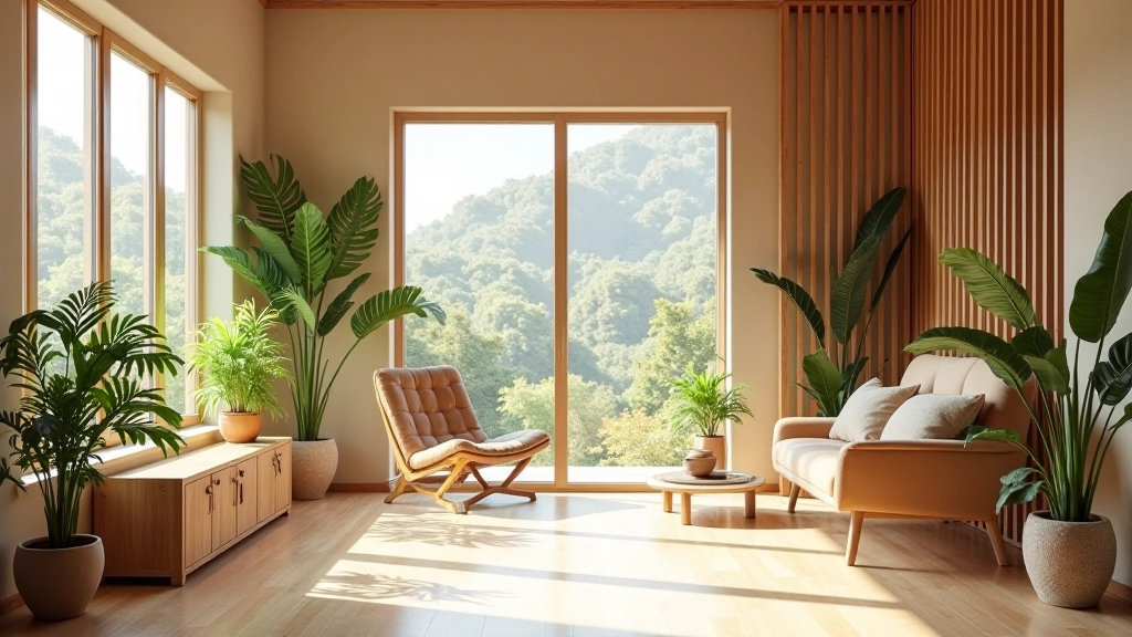 Modern sustainable interior with reclaimed wood flooring, natural light, and eco-friendly furniture arrangement