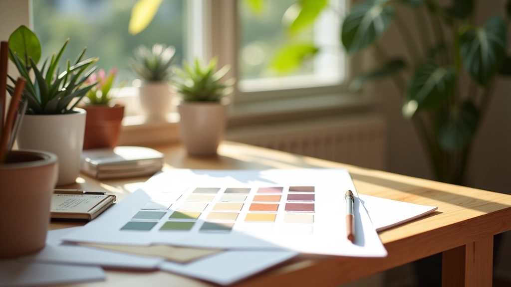 Professional interior design studio workspace with color palettes, sketches, and sustainable product samples organized on desk