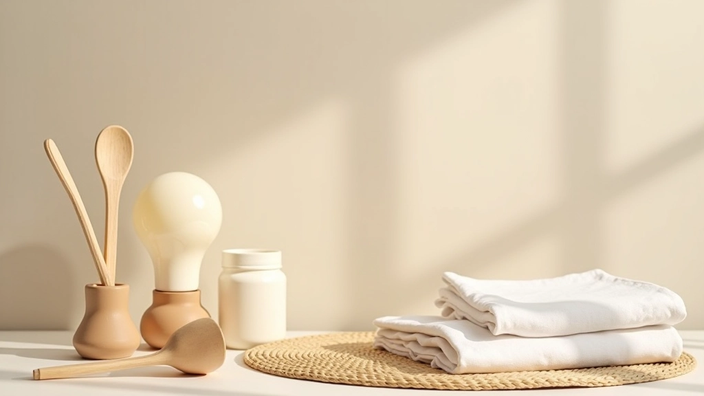 Eco-friendly home products including organic cotton textiles, natural fiber rug, LED bulbs, and sustainable kitchen items arranged neatly