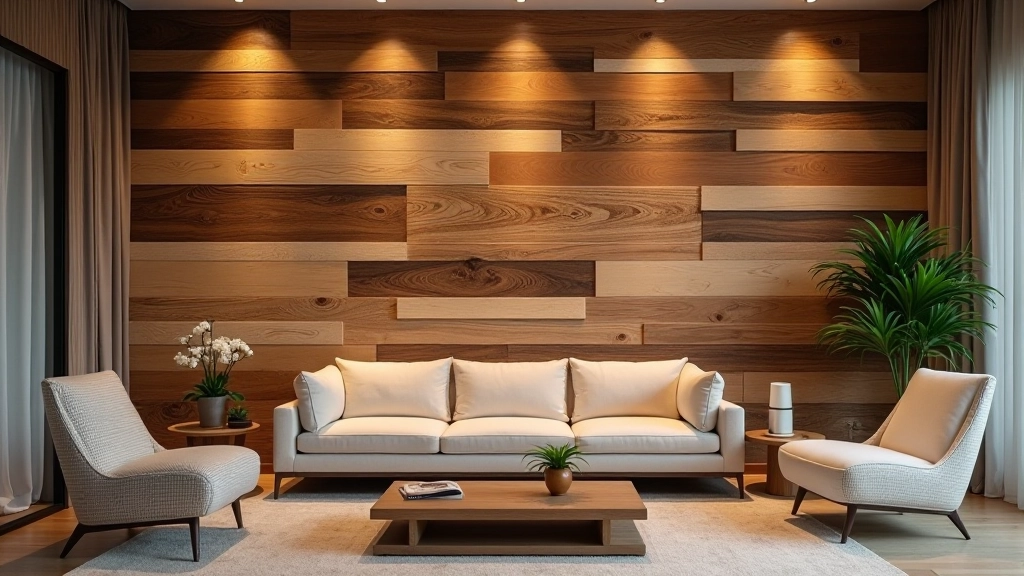 Reclaimed wood wall feature with varied wood grain patterns and textures, rustic aesthetic in modern interior design context