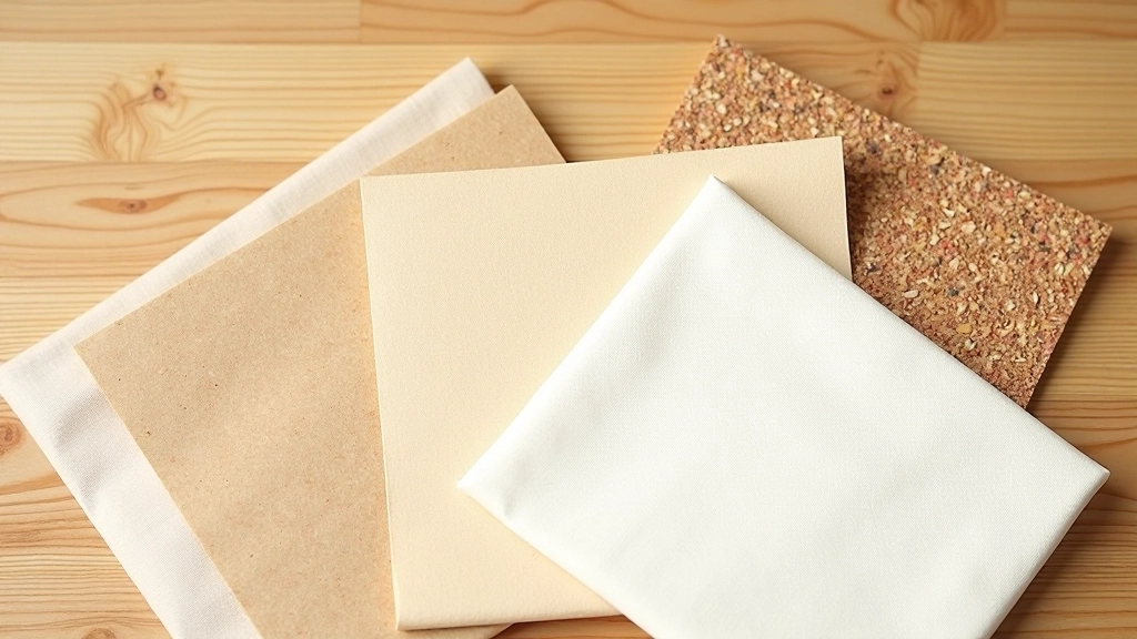Close-up of sustainable material swatches including cork, bamboo, and organic fabric samples arranged on wooden surface
