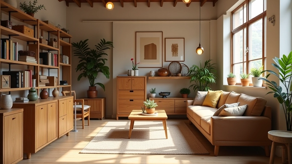 Vintage wooden furniture and sustainable decor items displayed in a bright thrift store showroom